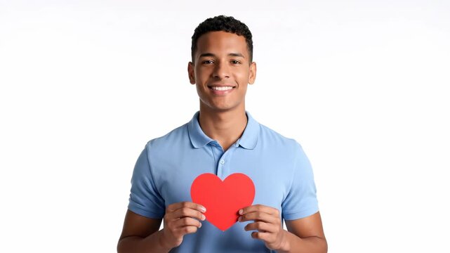 Cheerful young man holding a red paper heart on white screen background, concept for love expression, friendship symbol and social media engagement
