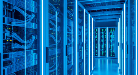 Data Center Servers and Storage Racks with Blue Neon Lights