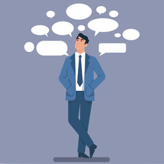 A pensive businessman is surrounded by empty speech bubbles, representing ideas, brainstorming, communication challenges, or multiple opinions