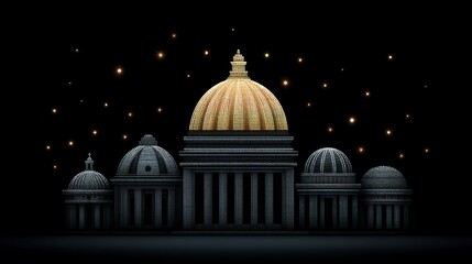 Grand architectural structure with golden dome and smaller domes against a dark sky with glowing lights