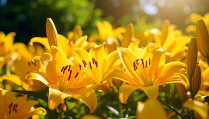 Obraz premium Close Up of Yellow Lilies in Full Bloom Under Sunlight with Green Background