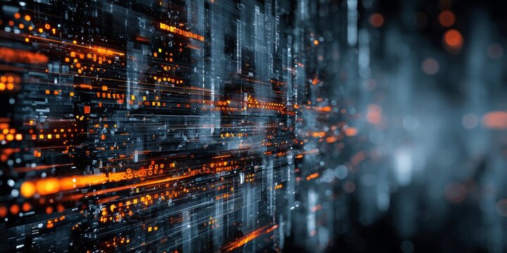 Streaks of blue and orange light create a futuristic, high-speed data flow. The abstract design represents technology, connectivity, and the digital world.