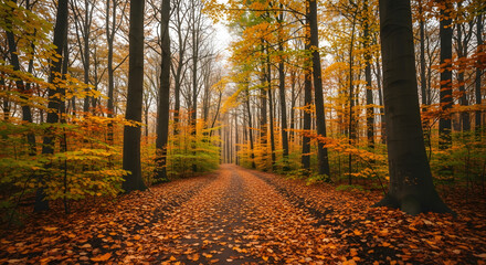 Obraz premium Immersive autumn forest path scene featuring vibrant foliage and tall trees, evoking a sense of tranquility and inviting exploration into a colorful natural landscape, highlighting seasonal beauty