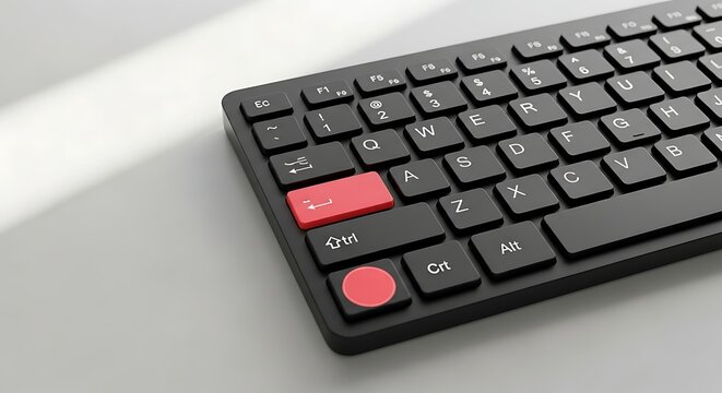 Sleek Black Wireless Keyboard with Vibrant Red Accent Keys on a Bright White Surface.