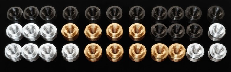 Neatly arranged rows of silver, gold, and black metallic threaded ring components on a black reflective surface creating a pattern of industrial parts