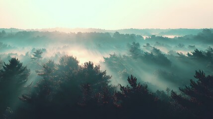 Misty morning light streams through a dense forest canopy, illuminating the tranquil landscape from above.