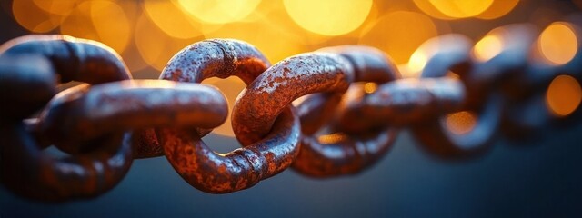 Close-up of rusty metal chain links with warm glowing bokeh lights in the background creating a dramatic and textured focus effect