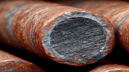 Close up view of heavily rusted cylindrical metal rods with visible texture and corrosion