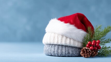 Stack of knitted hats with Santa hat pine cone and red berries on blue background