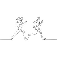 Running man and woman, isolated vector illustration in continuous line drawing style. Run, side view. Silhouettes of athletic looking male and female runners running.