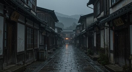 Misty Alleyway in a Traditional Japanese Town, Rain-Soaked Stone Path