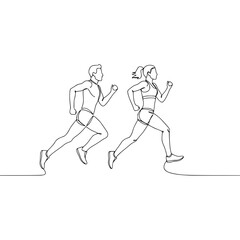 Running man and woman, isolated vector illustration in continuous line drawing style. Run, side view. Silhouettes of athletic looking male and female runners running.