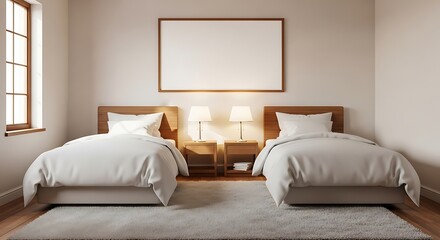 Frame mockup, ISO A paper size. Bedroom wall poster mockup. Interior mockup with twin beds and bedside lamps. Scandinavian airy style. 3D render