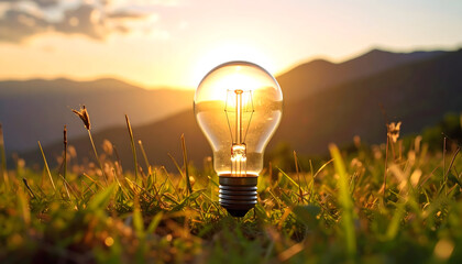 Illuminated Lightbulb on a Green Field at Sunset with Soft Mountain Background and Warm Golden Lighting
