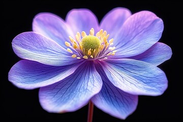 Fototapeta premium Close-up of a delicate purple flower with a yellow and green central disc against a black background, showcasing fine petal veins and soft lighting