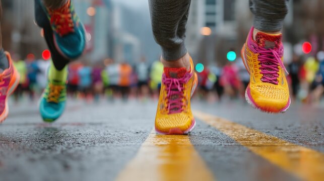 Close up of runners' feet in colorful athletic shoes on a wet street during a race