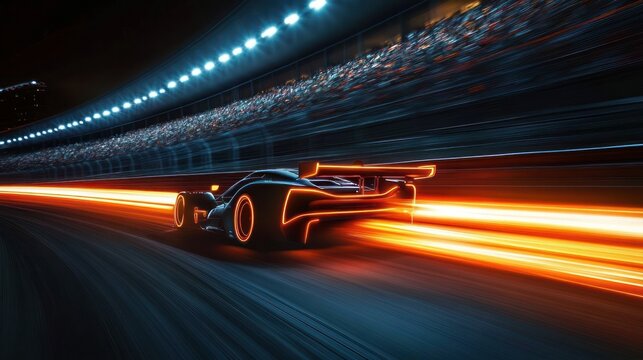 Futuristic race car speeding on illuminated racetrack with glowing orange light trails at night, high speed motion and dynamic energy