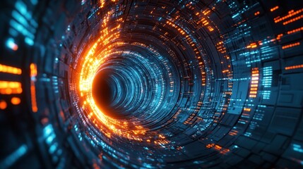 futuristic tunnel with blue and orange illuminated circuit-like patterns forming a glowing vortex