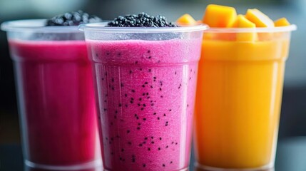 Three colorful fruit smoothies in clear plastic cups; vibrant purple smoothie with blackberries on top in center, yellow-orange smoothie with fruit chunks on right, and another purple smoothie on left