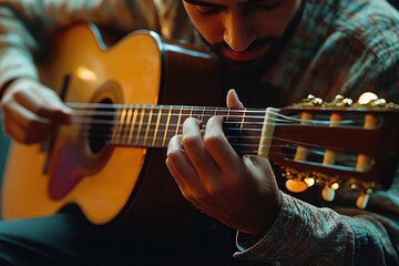Fototapeta premium Close-up of a man playing an acoustic guitar with focused expression and warm lighting