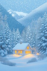 Fototapeta premium Cozy snow-covered log cabin with glowing warm lights nestled among tall snow-laden pine trees in a peaceful winter mountain forest under falling snowflakes
