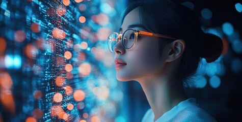 Young woman wearing glasses intently observing a glowing digital display filled with floating blue and orange data points in a futuristic setting