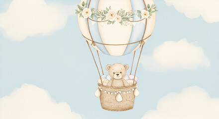 Adorable teddy bear travels in a charming floral-decorated hot air balloon scene