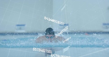 Male swimmer stretching and starting butterfly pull, creating spray with sports analytics overlays - Powered by Adobe