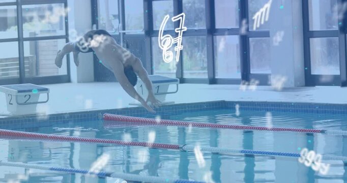 Male swimmer bending knees block two and launching dive as floating numbers highlighting swim data