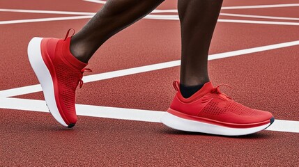 Red Running Shoes on Track Field Showing Athleticism and Performance Focus