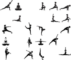 vector illustration shows 16 different yoga poses in black and white. The poses are simple line drawings of silhouettes arranged in a grid. The poses vary from seated to standing to inverted.