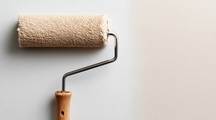 Obraz premium Beige paint roller resting on smooth wall surface, showcasing texture and color transition. scene evokes sense of home improvement and creativity