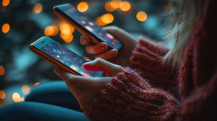 Two people holding smartphones with colorful screens and blurred warm lights in the background creating a cozy atmosphere