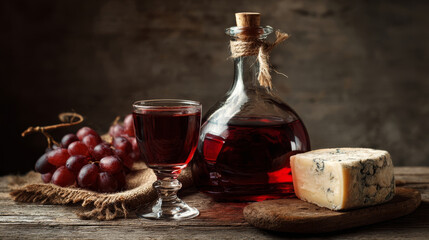 Rustic wine and cheese displayed on wooden table, featuring glass of red wine, decanter, and fresh grapes, creating cozy atmosphere