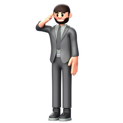 3D Render 3D illustrated male businessman in gray suit performing a salute; suitable for corporate branding, leadership, introductions.