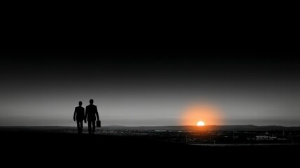 Two businessmen in silhouette walking toward a bright sunset over a city