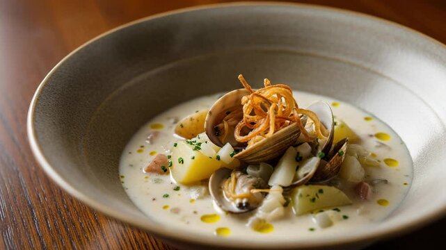 A delicious bowl of gourmet New England clam chowder with fresh clams, potatoes, and crispy fried onions. A classic seafood soup served in a rustic bowl on a wooden table.