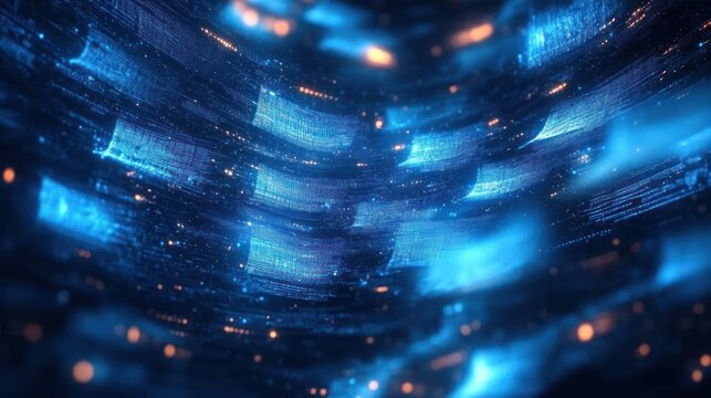 Abstract digital data streams flowing with glowing blue and orange particles, creating a futuristic and dynamic technological atmosphere - Powered by Adobe