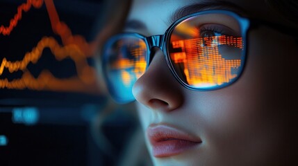 Close-up of a person wearing glasses with stock market graphs and data reflected on the lenses, showing focus and concentration