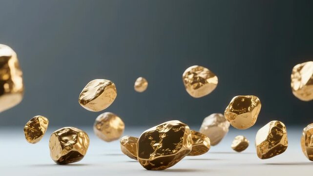 Golden nuggets shimmering and floating in a dynamic motion on a gradient background. Ideal for finance, wealth, investment, or luxury concepts. Video name Falling Gold Nuggets.