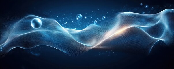 Abstract flowing mesh wave with glowing particles and spheres on a dark blue background conveying motion and fluidity