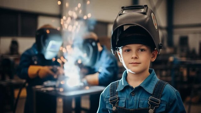 Portrait of a cute little boy in a welding mask and overalls in a factory. Future generation of skilled workers.