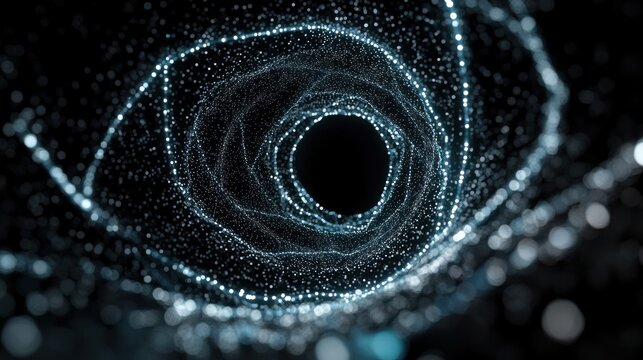 Abstract glowing spiral tunnel formed by numerous small blue and white particles creating a sense of depth and infinity against a dark background