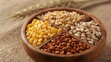 A rustic wooden bowl divided into four sections, each filled with different grains and legumes, placed on burlap fabric with wheat stalks in the background, symbolizing agriculture, nutrition, and nat