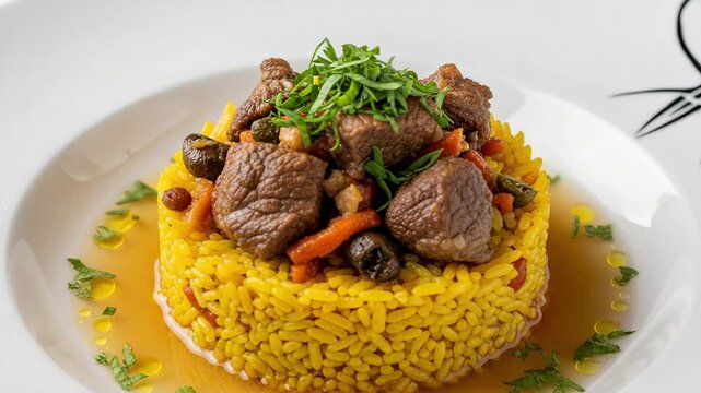 Gourmet beef stew with saffron orzo pasta, olives, and capers. Elegantly plated fine dining dish served in a broth with fresh herbs.