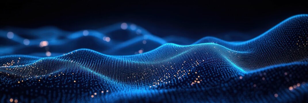 Glowing blue wave-like digital mesh with scattered golden light particles creating a smooth flowing and futuristic abstract landscape