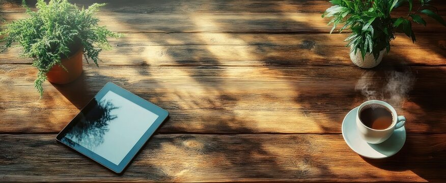 Steam rising from a hot cup of coffee on a rustic wooden table next to a digital tablet and two potted green plants under soft natural light