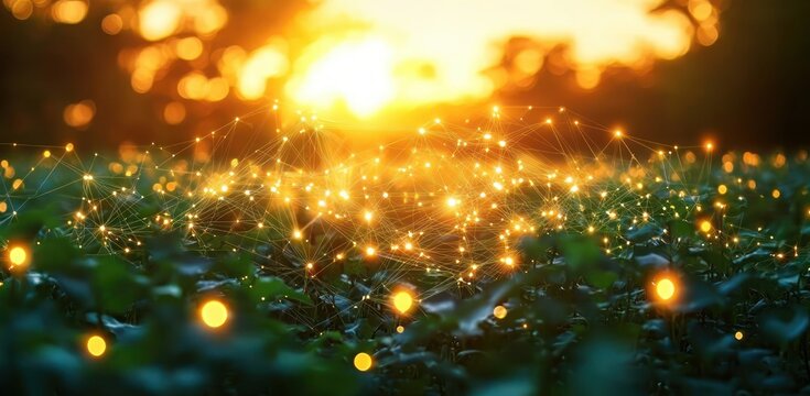 Glowing network of light points connected by lines over green plants under warm golden sunset light