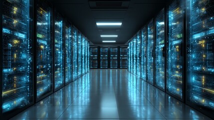 Data Center Corridor with Server Racks and Blue Lights