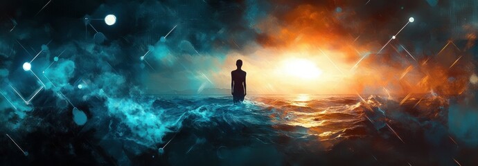 Silhouette of a person standing in turbulent ocean waves facing a bright, glowing sunset with a dramatic sky blending dark blues and warm orange hues, evoking solitude and contemplation